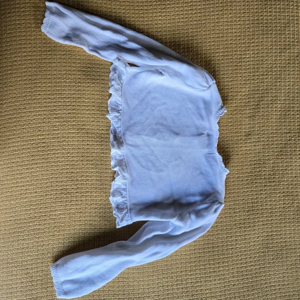Ralph Lauren Girl's White Cotton Cardigan Sweater, Ruffled Edge 4 4T